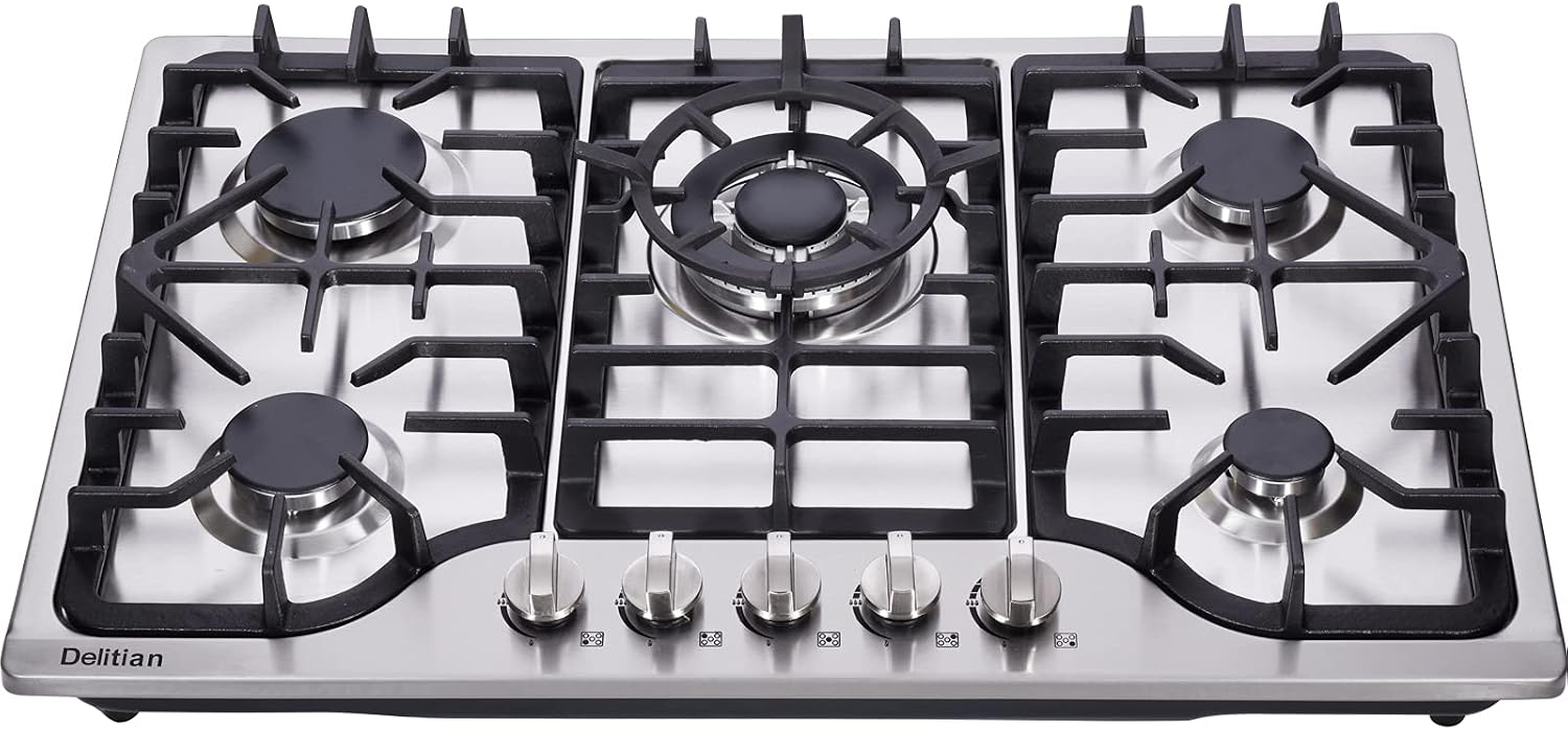30 Inch Gas Cooktop DT57043 Built-in Stainless Steel 5 Burners Gas Stovetop LPG/NG Convertible Dual Fuel Gas Hob