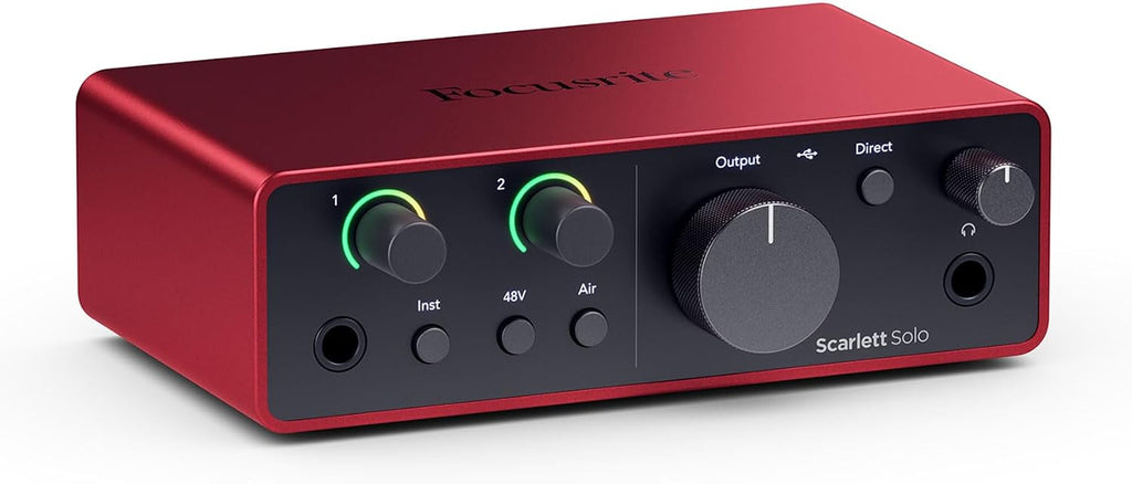 Audiosavings Bundle: Focusrite Scarlett Solo 4th Gen Studio Recording USB Audio Interface Bundle with Rockville RDTS Microphone Stand+RCM SR Studio/Recording Microphone+PRO-M50 SR Headphone (4 Items)