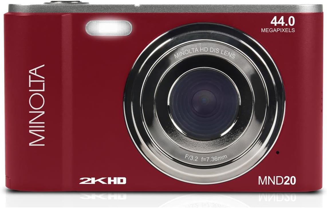 Minolta MND20 44 MP 2.7K Ultra HD Digital Camera with Slinger Camera case (Red)