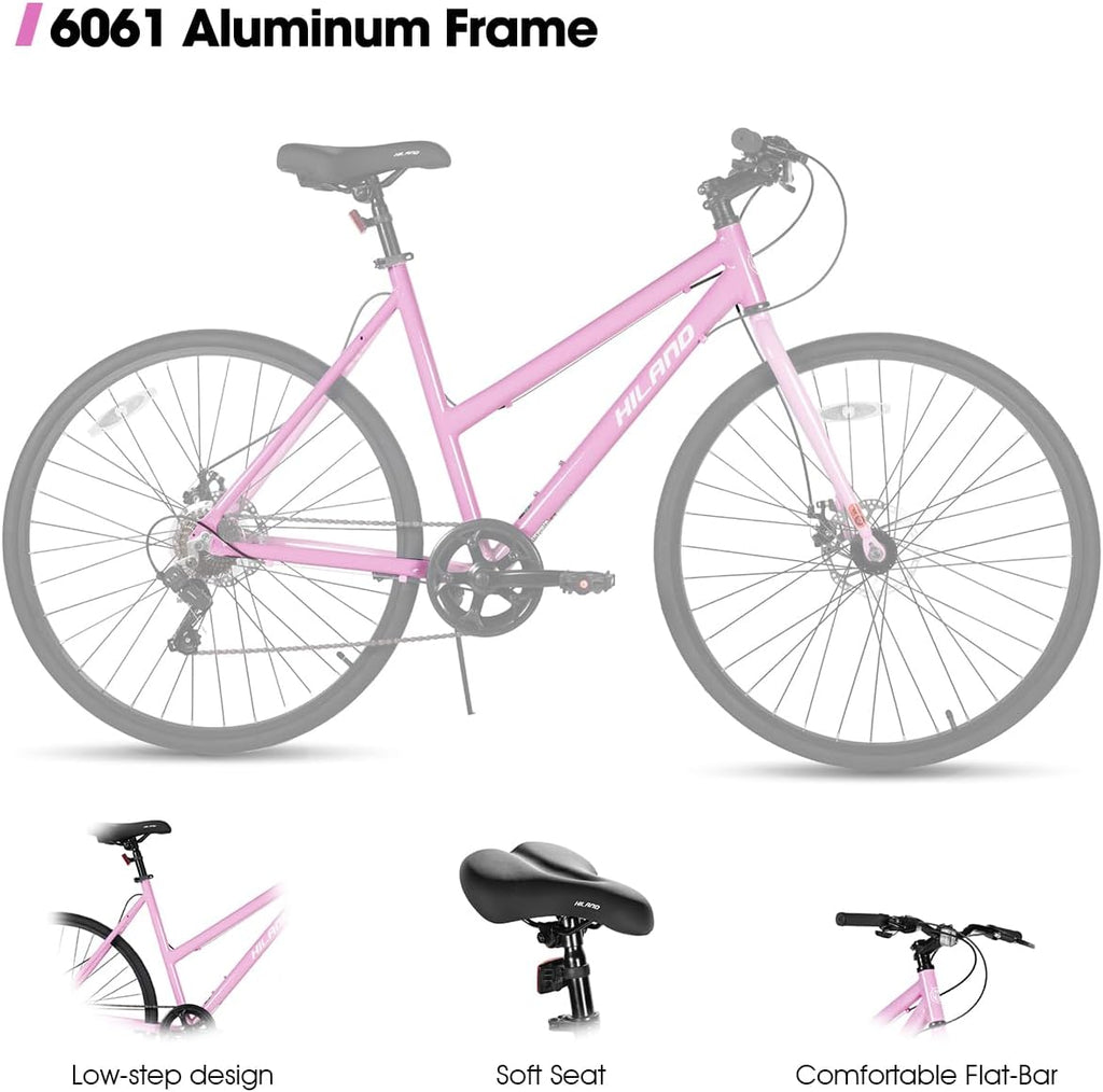 HILAND 700C Road Hybrid Bike, 7 speeds Bikes Urban City Commuter Bicycle with Disc Brake for Men Women Adult Comfortable Bicycle