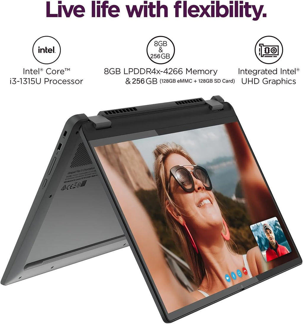 Lenovo IdeaPad Flex 5i Chromebook Plus 14' FHD+ 2-in-1 Touchscreen Laptop (Intel Core i3-1315U, 8GB RAM, 256GB Storage(128GB eMMC + 128GB SD Card)), Home, Students, Backlit, FHD Webcam, Chrome OS