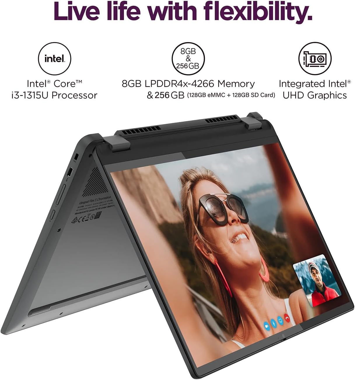 Lenovo IdeaPad Flex 5i Chromebook Plus 14' FHD+ 2-in-1 Touchscreen Laptop (Intel Core i3-1315U, 8GB RAM, 256GB Storage(128GB eMMC + 128GB SD Card)), Home, Students, Backlit, FHD Webcam, Chrome OS