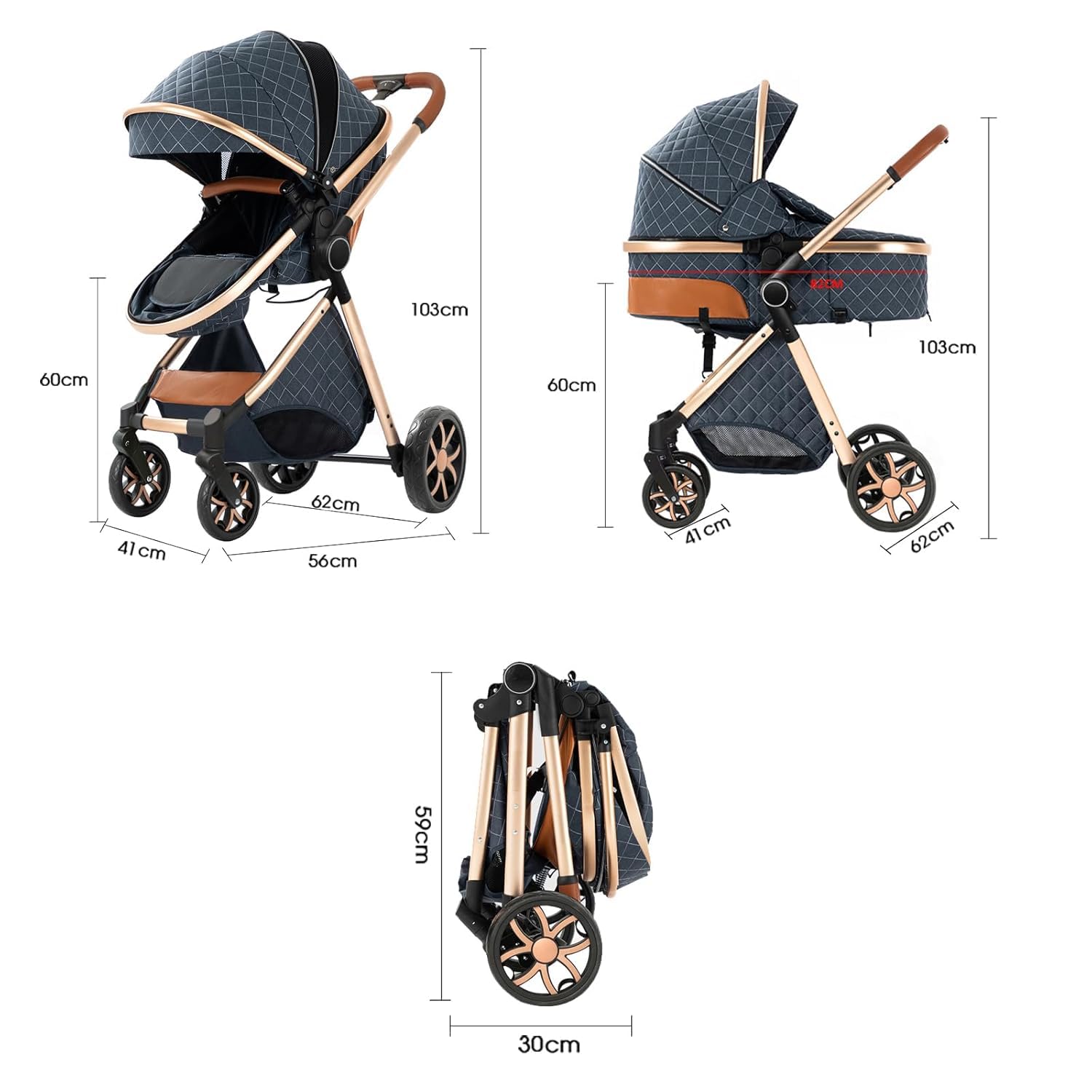 2 in 1 Baby Stroller, Reversible Convertible Infant Stroller of One-Click Folding, Newborn Travel Strollers Toddler Standard Pram Carriage White