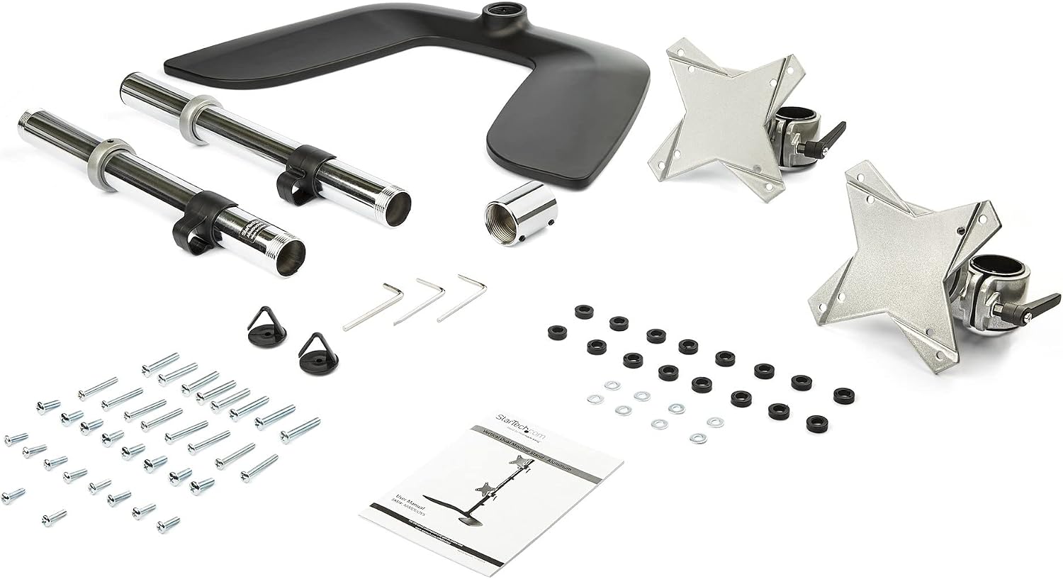 StarTech.com Vertical Dual Monitor Stand - Ergonomic Desktop Stacked Two Monitor Stand up to 27 inch VESA Mount Displays - Free Standing Universal Monitor Mount - Height Adjustable - Silver (ARMDUOVS)
