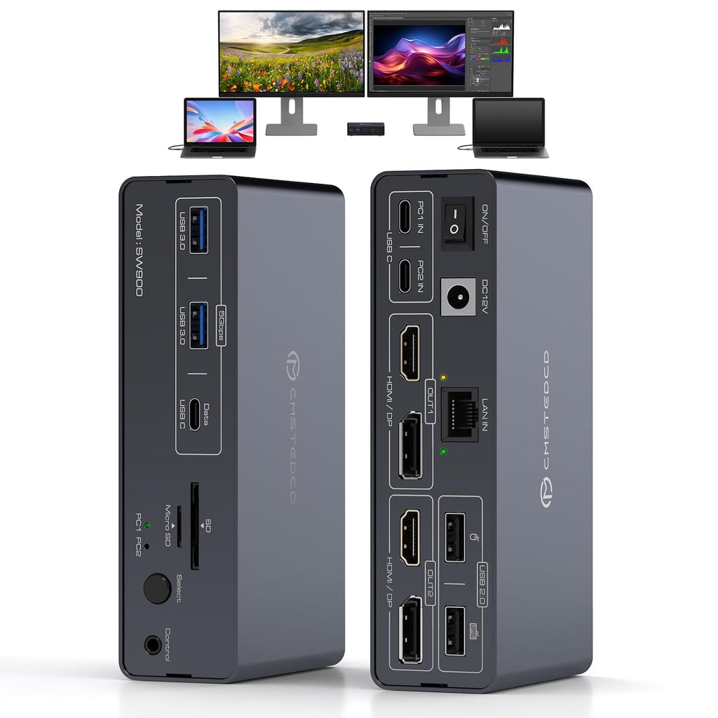 USB C KVM Switch Docking Station for 2 Montors 2 Laptops or MacBook with Displaylink,14-in-1 Thunderbolt Docking Station Support Extended/Copy Mode with 4K@60Hz HDMI and Displayport Dual Display Out