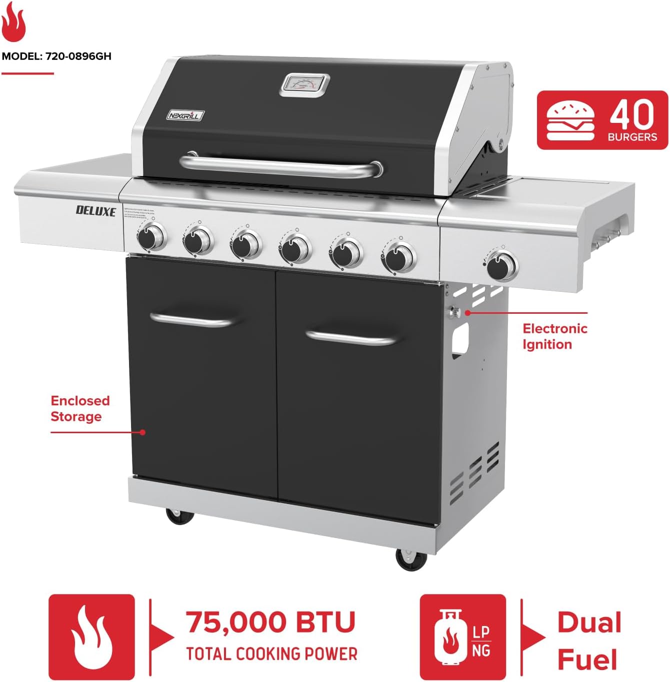Nexgrill Deluxe 6-Burner Natural Gas Grill with Searing Side Burner and Griddle Insert, Stainless Steel Frame, 60,000 BTUs Output, BBQ Grill for Outdoor Gatherings - 730-0896GH