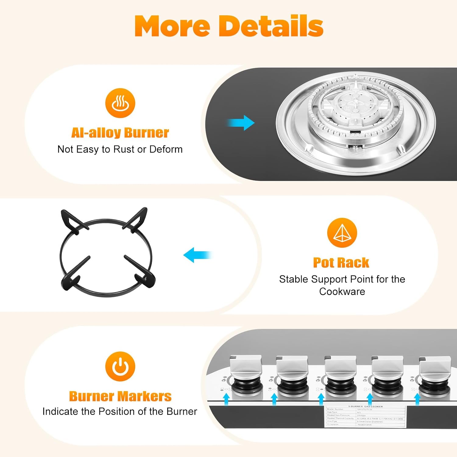 30Inch Gas Cooktop, 5 Burner Gas Stove, NG/LPG Dual Fuel Cooktops Gas Cooker, Built-In Stove Top Stainless Steel with Tempered Glass Panel, Independent Switch Control, for Home Kitchen, Restaurant
