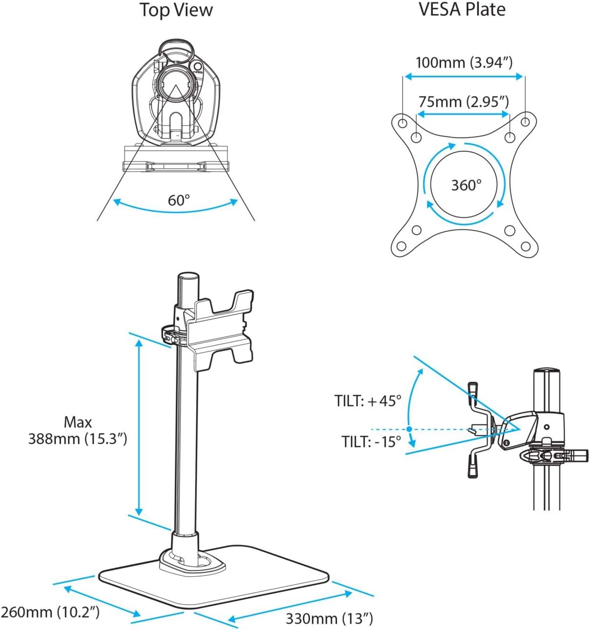 StarTech.com Single Monitor Stand, Adjustable, Supports UHD, iMac and Apple Thunderbolt Displays from 12'' to 34' (30.9lb/14kg), Premium Single Screen VESA Monitor Mount Stand, Silver, TAA