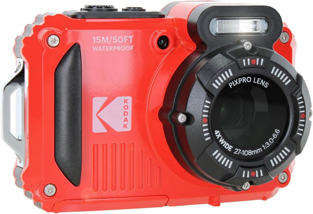 KODAK PIXPRO WPZ2 Rugged Waterproof Shockproof Dustproof WiFi Digital Vlogging Camera 16MP (Red) Bundle with 64GB Memory Card + Vlogger Tripod + Bag + Cleaning Kit + More Accessories