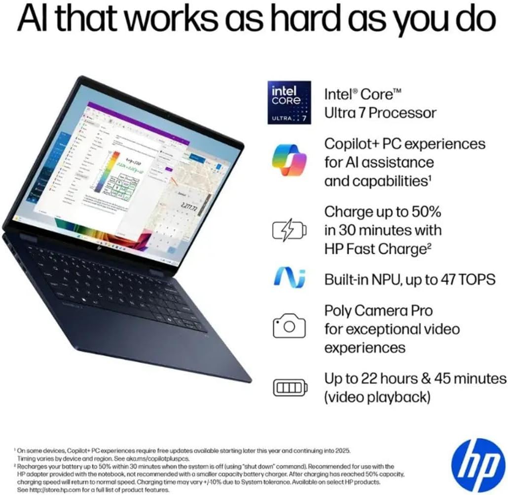 HP OmniBook X Flip 2-in-1 Laptop,14' 2K Touch-Screen Laptop Computer,Intel Core Ultra 7, Arc 140V GPU Copilot+ PC,16GB RAM 512GB SSD,Thunderbolt 4,with Lifetime Office,Win 11 Pro,Atmospheric Blue