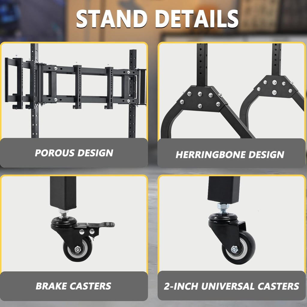 Marada Sim Racing Triple Monitor Stand with Wheels Compatible with 27/32-inch Displays Height and Tilt Adjustable, A-Frame Base for Flight & Driving Simulator Cockpit Rig