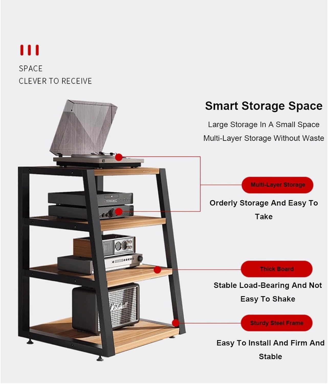Audio Rack 2/3/4 Tier Stereo Rack Audio Equipment Rack Audio Stereo Shelf Wooden Open HiFi Rack Audio-Video Shelving Corner Durable(Rot,60cm)