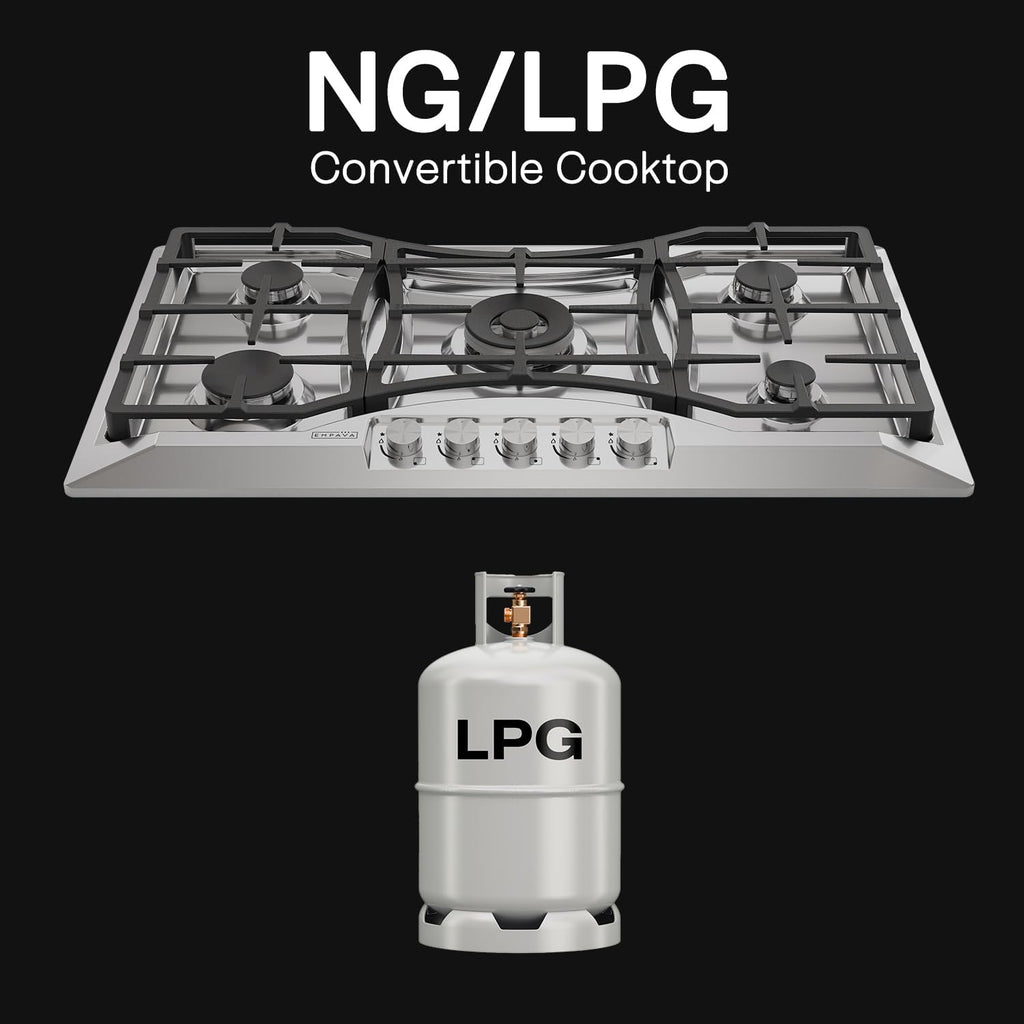 Empava 36 Gas Cooktop with 5 Italy Sabaf Sealed Burners NG/LPG Convertible in Stainless Steel Model 2020, 30 inches
