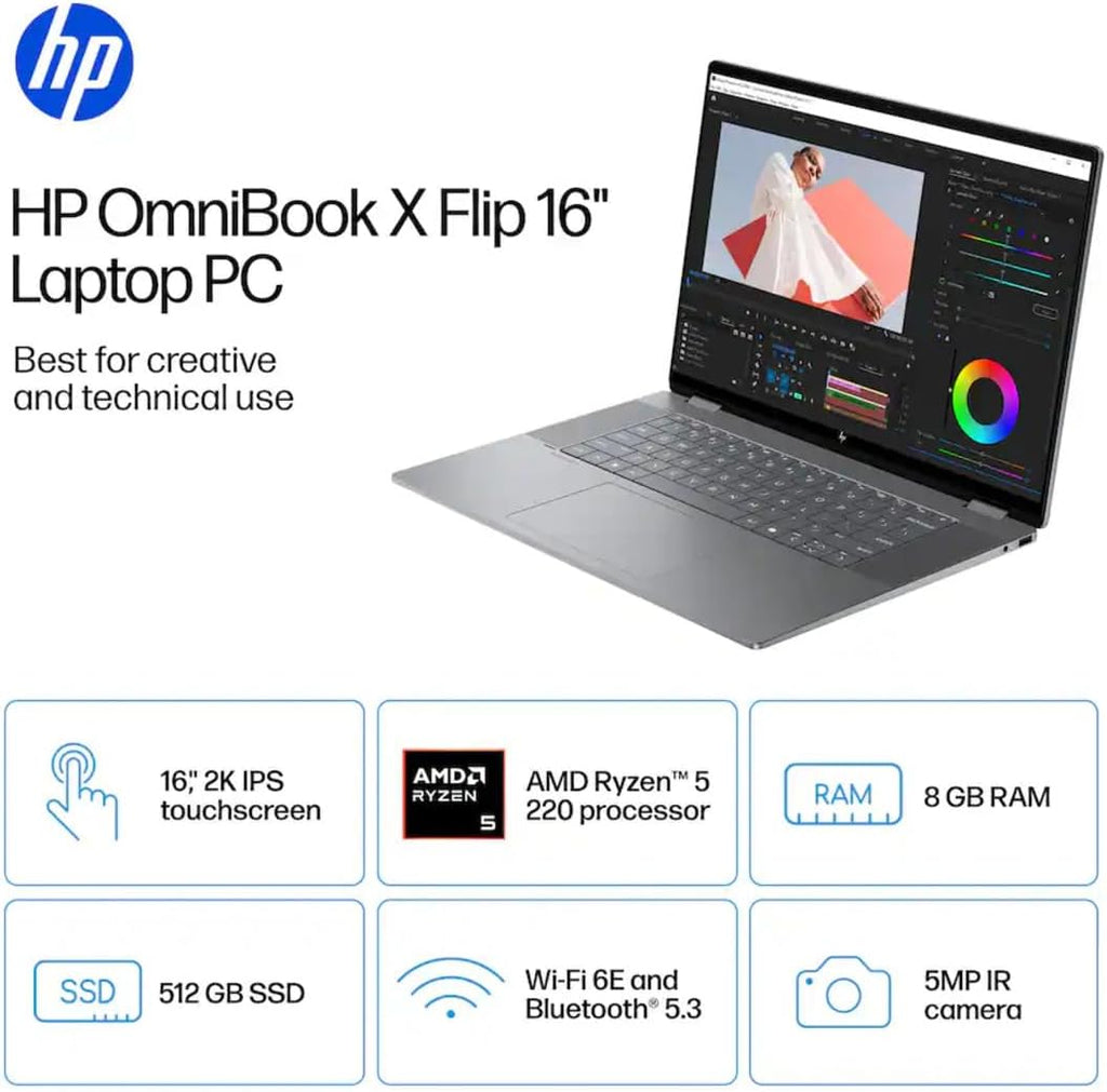 HP OmniBook X Flip 16 2 in 1 Touchscreen Laptop, 16' 2K FHD+ AMD Ryzen 5 220, 8GB DDR5 RAM 1TB SSD Copilot AI, 5MP IR Webcam, Backlit KB, Laptop for Business Student Home, Win 11 Pro with Stylus Pen
