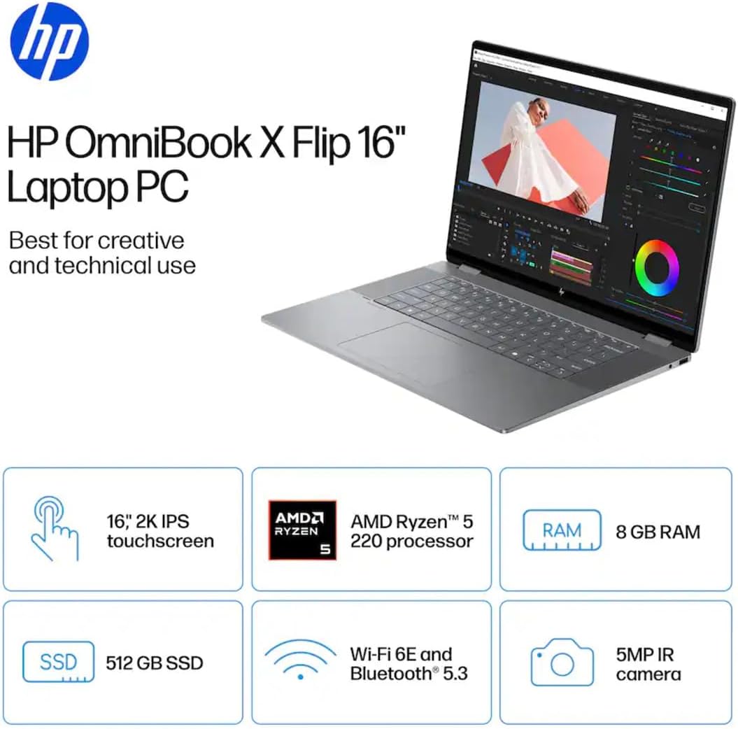 HP OmniBook X Flip 16 2 in 1 Touchscreen Laptop, 16' 2K FHD+ AMD Ryzen 5 220, 8GB DDR5 RAM 1TB SSD Copilot AI, 5MP IR Webcam, Backlit KB, Laptop for Business Student Home, Win 11 Pro with Stylus Pen