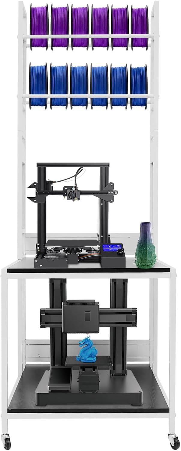 3D Printer Stand with Double Layer,3D Printer Filament Storage Rack-Heavy Duty Mobile Printer Table with Wheels for 3D Printing Station, Office, Workshop (White)