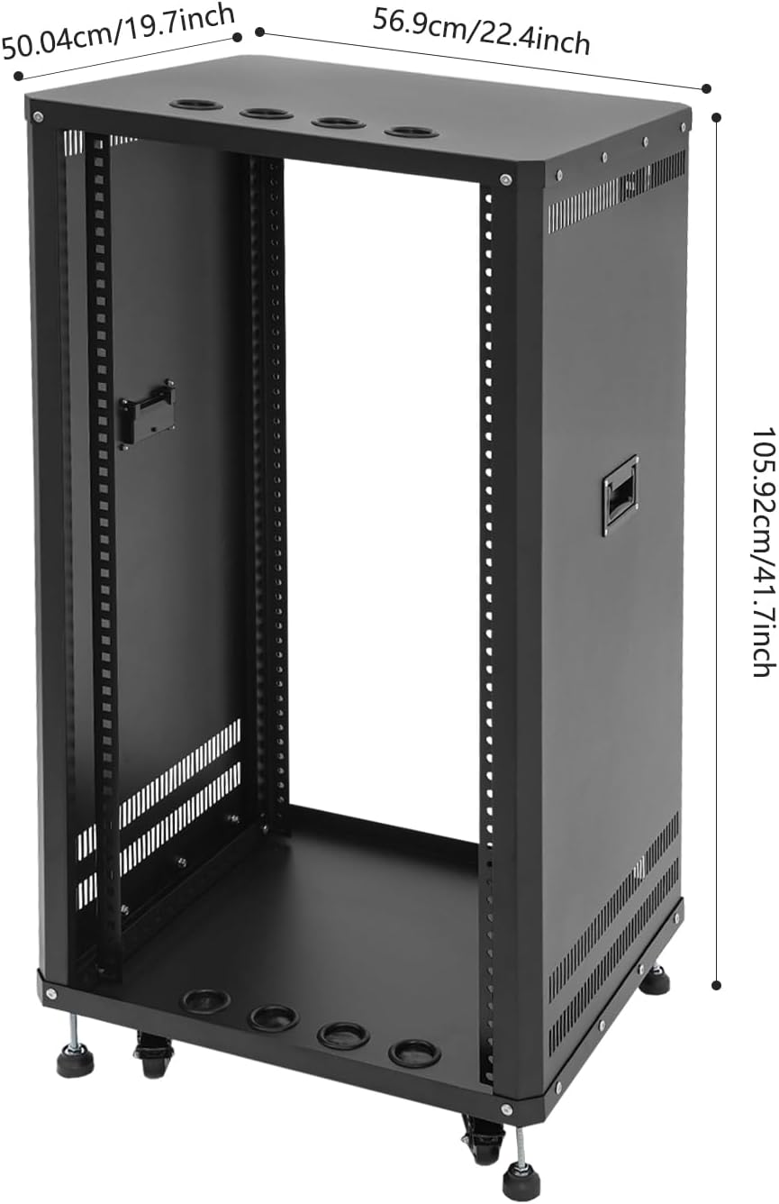22U Server Rack with Wheels&Leveling Feet,Freestanding Rolling Open Frame IT Network Server Cabinet Rack Shelf for Audio Video Music Recording Computer AV Data & IT Equipment,Up to 300 Lbs Load,Black