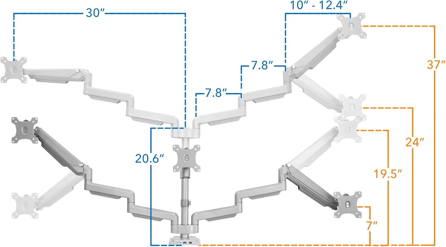 Mount-It! Triple Monitor Mount with Gas Spring Arms, Fits 24–32 Inch Screens, USB & Audio Ports, Full Motion Desk Stand with Tilt, Swivel & Rotation, Heavy Duty Silver 3 Screen Arm with Clamp