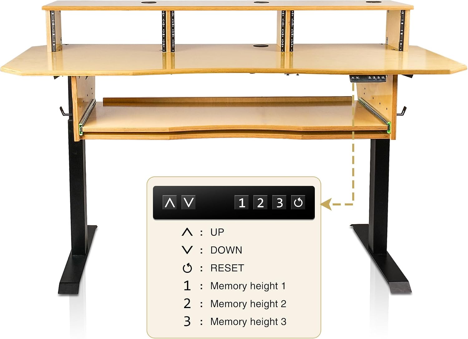 Sound Town DIY Music Studio Desk Workstation Furniture, Electric Height Adjustable, 3x4U Rack Space & Top Shelf, Sliding Piano Keyboard Tray, All Plywood, Golden Oak, (SDRK-SD1)