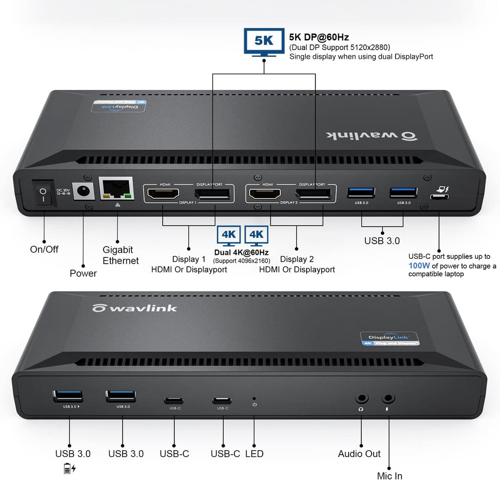 WAVLINK 4K Universal USB C Docking Station Dual Monitors, Displaylink Dock, 100W PD Charging for MacBook Neo/Air/Pro, Thunderbolt 4/3, USB-C Windows Mac, 2 DisplayPort & 2 HDMI, Ethernet, Audio