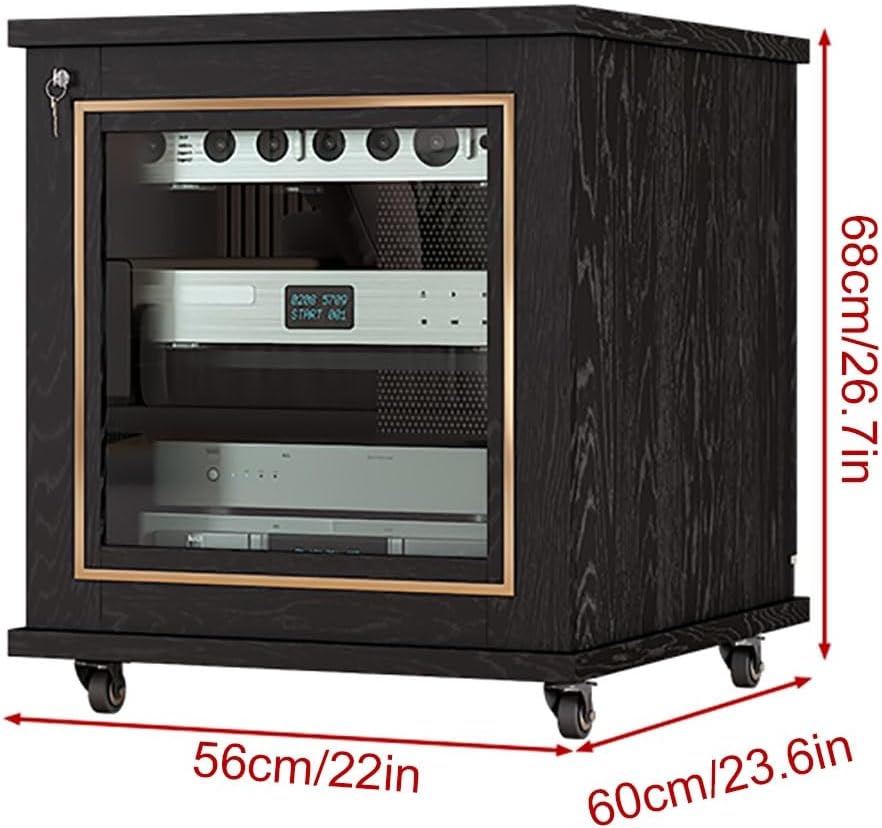 Stereo Cabinet, Stereo Racks And Stands With Storage Shelves, AV Component Media Stand, Wooden Storage Cabinet Entertainment Center Shelves Component, With Wheels Audio-Video Media Stand(Black+Gold,H6