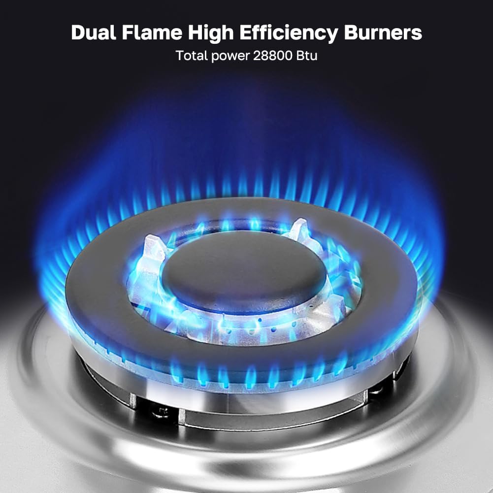 ThermoMate Light 30 Inch Gas Cooktop, Built In Gas Rangetop with 5 High Efficiency Burners, NG/LPG Convertible Stainless Steel Gas Stove Top with Thermocouple Protection, 120V AC
