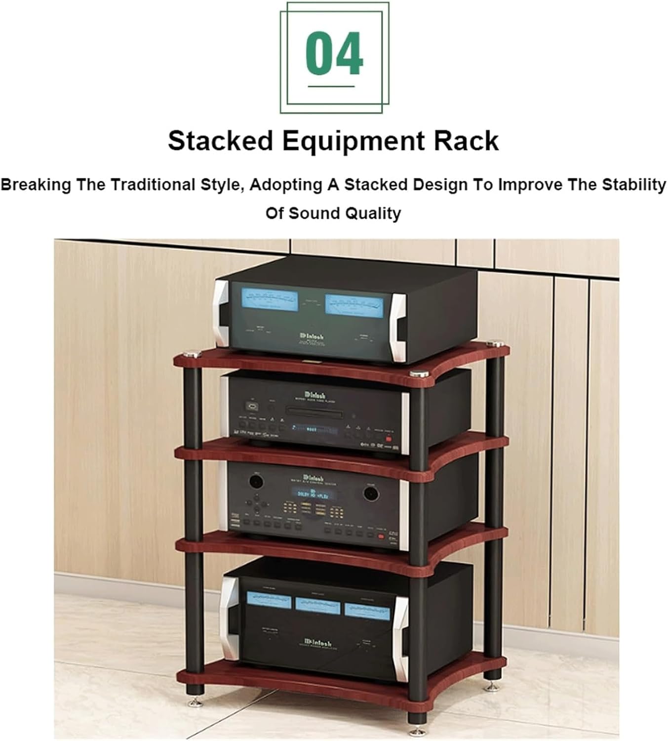 Audio Rack Steel Stereo Rack Audio Equipment Rack Audio Stereo Shelf Wooden Open Audio-Video Shelving with Shock-Absorbing Feet(Rot,1 Tier)