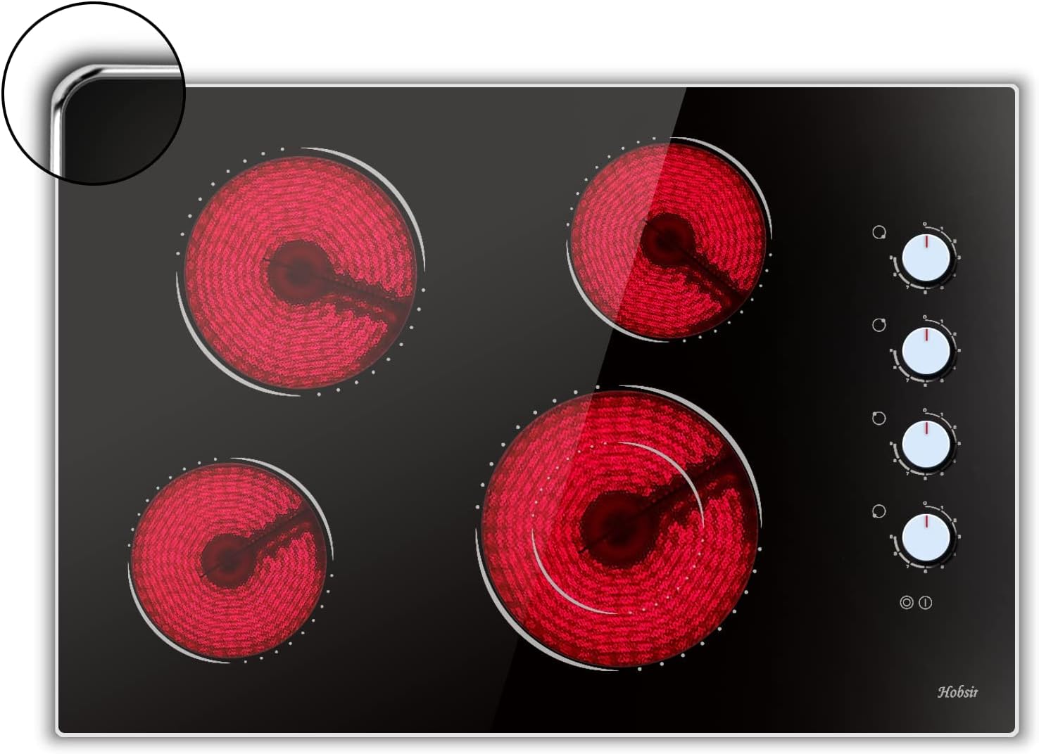 Electric Cooktop 30 Inch Hobsir, 4 Burner Electric Stove Top 6700W, Knob Control Built in Cook top, 30' Electric Stove Top Burner with Glass Protection Metal Frame, Double-ring burner, 220-240v