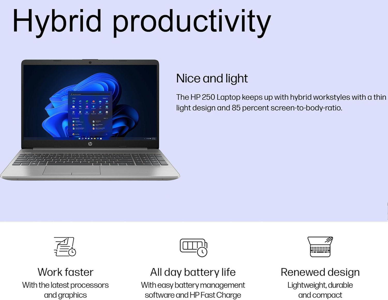 HP 250 G9 Laptop, 15.6' FHD Screen, Intel Celeron Dual Core Series Processor, 8GB RAM, 256GB SSD, Windows 11 Pro, Anti-Glare Coating, HD Camera with Temporal Noise Reduction