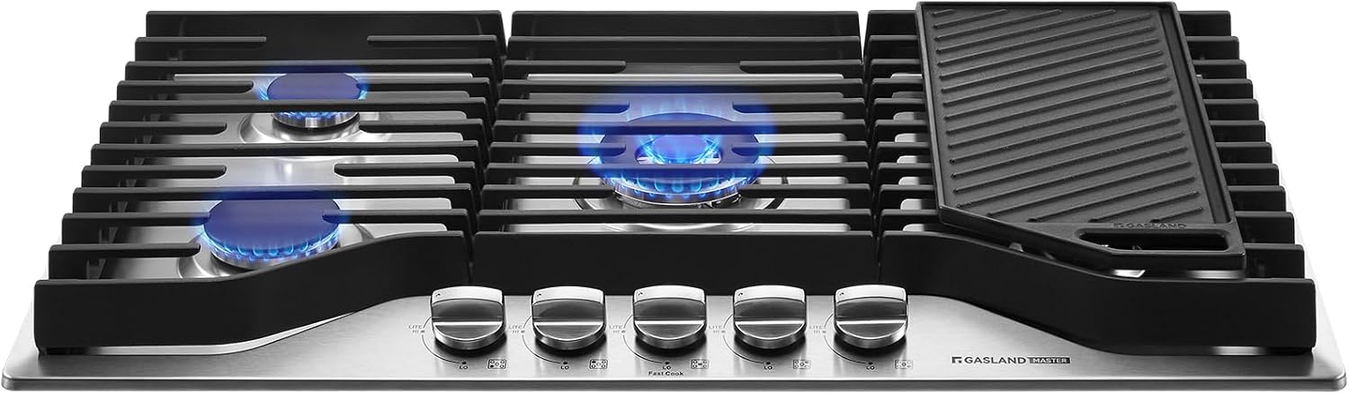 GASLAND Master 36 Inch Heavy Duty Gas Cooktop with Griddle PRO GH3905SS1FC with 5 Burners,CSA certified, 120V Plug-in, NG/LPG Convertible