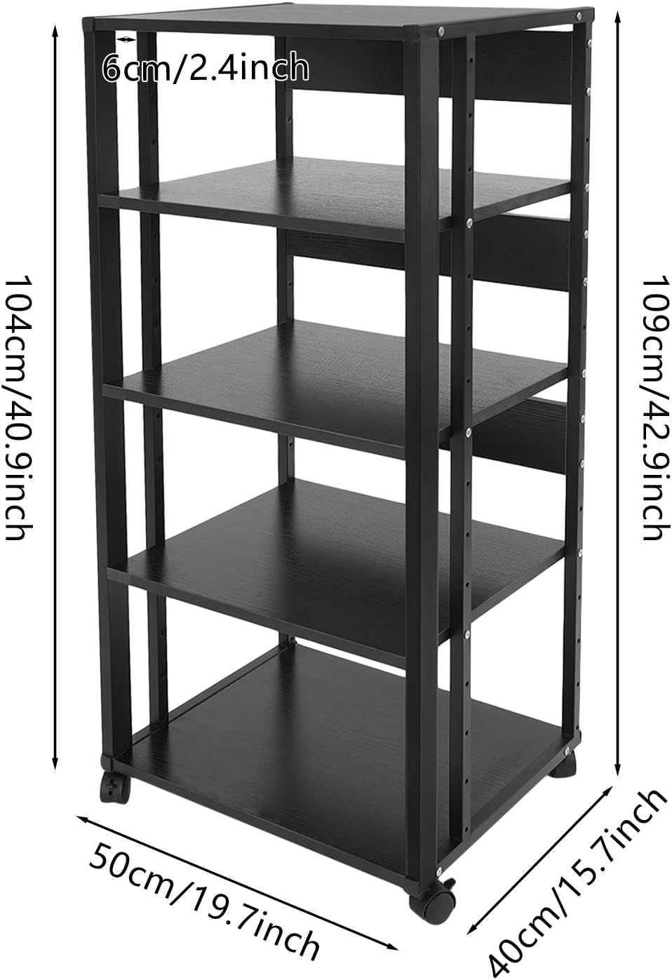 5 Tier AV Media Stand, Rolling Audio Rack Tower, CD Record Player Stereo Receiver AV Equipment Cabinet Display Rack with Wheels, Adjustable Shelves for Home Theater Office Load 110 lbs
