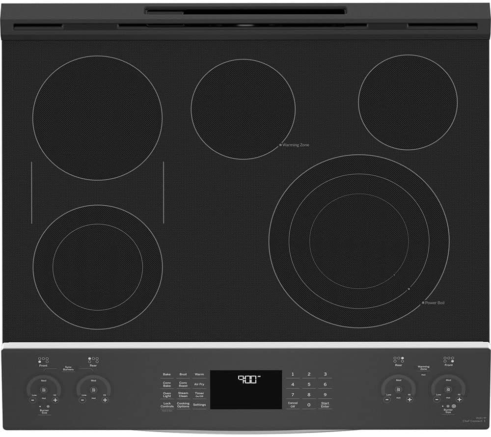 GE Profile PSS93YPFS 30' SlideIn Smart Electric Range with 4 Radiant Heating Elements, 5.3 Cu. Ft. True Convection Oven, Storage Drawer, WiFi, Self Clean with Steam Option,