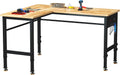 Betterhood Adjustable L-Shaped Workbench, Rubber Wood Top Heavy Duty Workstation with Power Outlets, 2000 LBS Load Capacity Hardwood Worktable for Workshop, Garage, Office, Home, Commercial
