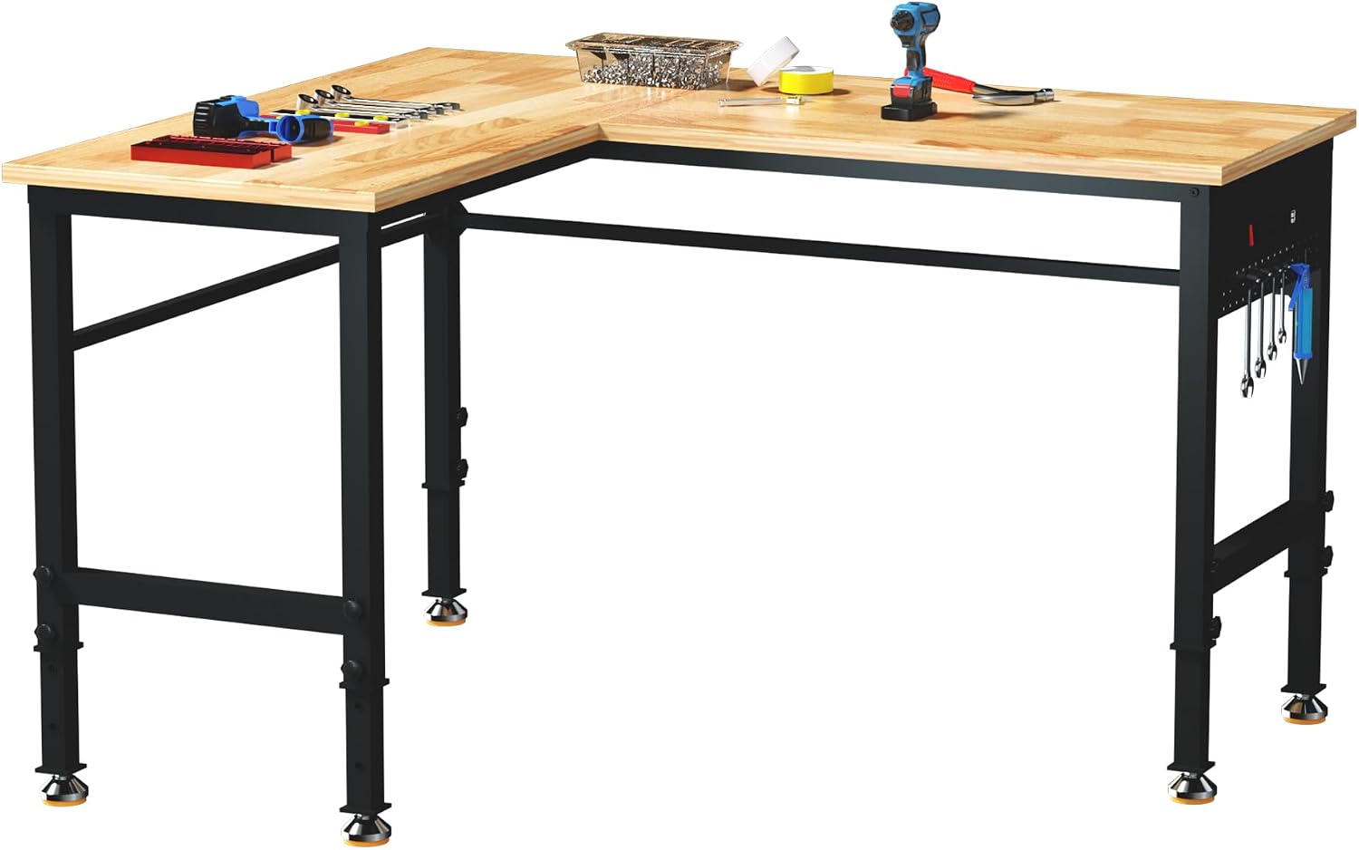 Betterhood Adjustable L-Shaped Workbench, Rubber Wood Top Heavy Duty Workstation with Power Outlets, 2000 LBS Load Capacity Hardwood Worktable for Workshop, Garage, Office, Home, Commercial