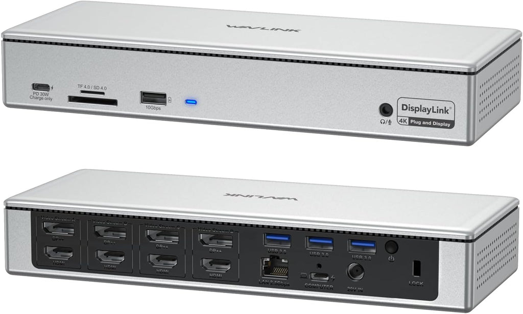 WAVLINK DisplayLink Laptop Docking Station - Quad Monitor 5K/4K @60Hz, 100W Charging - Thunderbolt 5/4, USB-C/A - M1-M5 Mac/Macbook Neo/Windows/Chrome- 4 HDMI, 4 DP, 180W Power, SD 4.0 CR, 2.5Gbps LAN