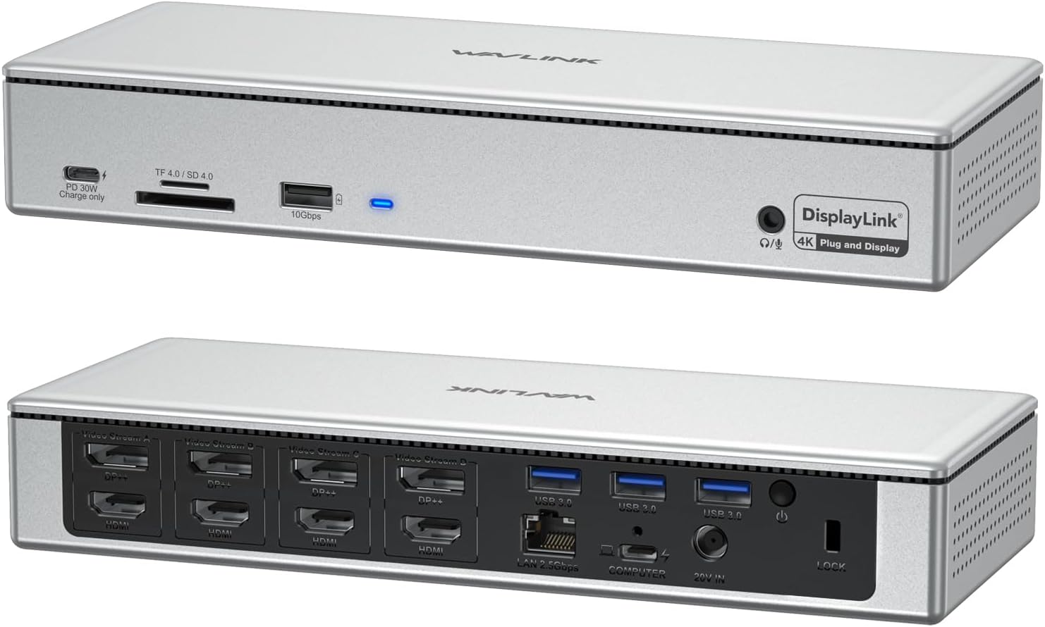 WAVLINK DisplayLink Laptop Docking Station - Quad Monitor 5K/4K @60Hz, 100W Charging - Thunderbolt 5/4, USB-C/A - M1-M5 Mac/Macbook Neo/Windows/Chrome- 4 HDMI, 4 DP, 180W Power, SD 4.0 CR, 2.5Gbps LAN