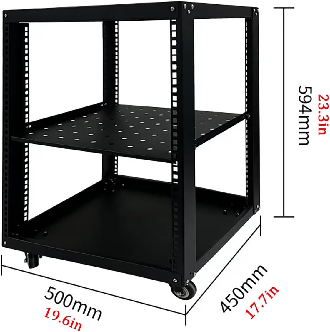 Adjustable Steel Audio Rack with Wheels, Movable Media Stand & Storage Cabinet, Black Entertainment Center, Height-Adjustable Shelves for AV & Video Equipment (50x45x59.4cm)