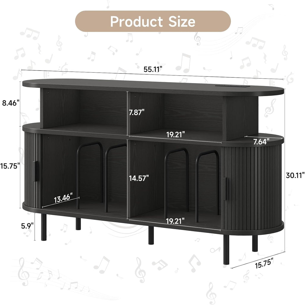 55' Large Round Record Player Stand with Charging Station, Vinyl Record Storage Cabinet, Mid Century Modern Turntable Stand with Open Shelves Holder for Bedroom Living Room, Sliding Doors (Black)