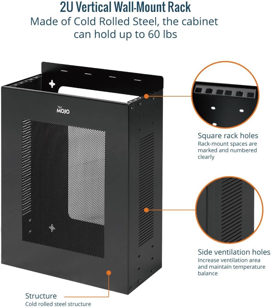 Tecmojo 2U Vertical/Horizontal Wall Mountable Server Rack, with Vented Enclosure for 19' IT Equipment, Cable Modems, Telecom, A/V, Black