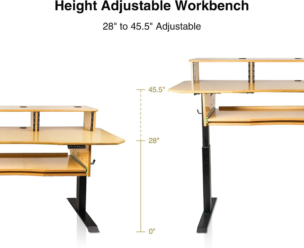 Sound Town DIY Music Studio Desk Workstation Furniture, Electric Height Adjustable, 3x4U Rack Space & Top Shelf, Sliding Piano Keyboard Tray, All Plywood, Golden Oak, (SDRK-SD1)