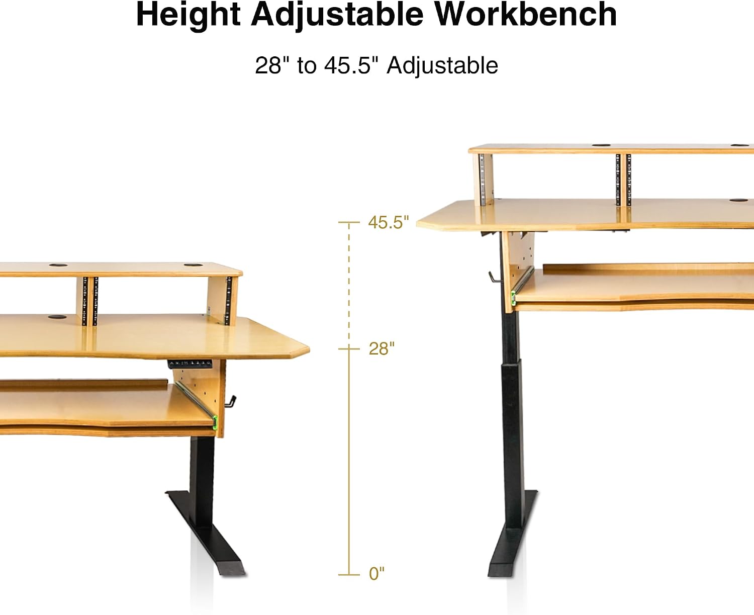 Sound Town DIY Music Studio Desk Workstation Furniture, Electric Height Adjustable, 3x4U Rack Space & Top Shelf, Sliding Piano Keyboard Tray, All Plywood, Golden Oak, (SDRK-SD1)