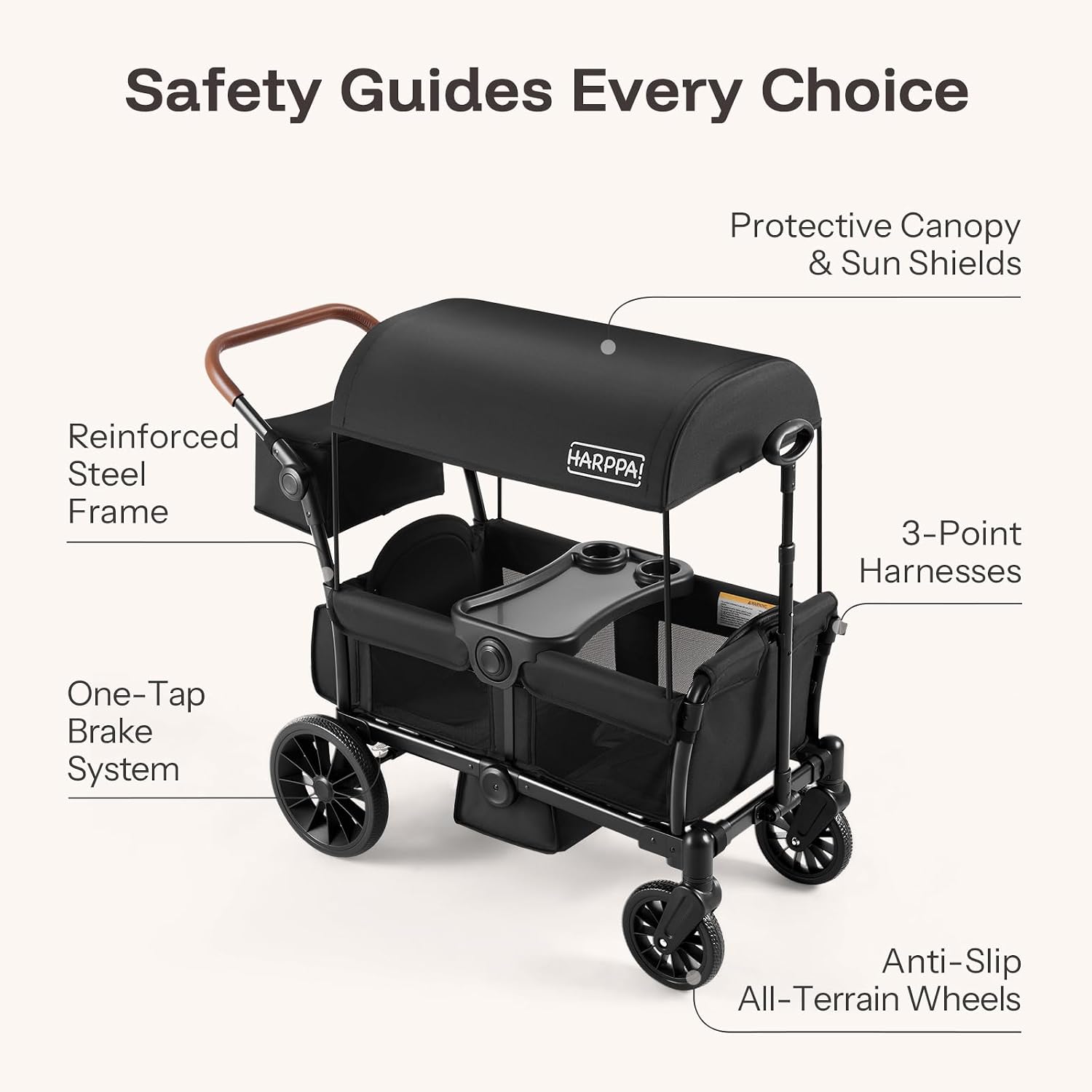 HARPPA All-Terrain Wagon Stroller for 2 Kids, Foldable Outdoor & Beach Stroller Wagon with Removable Canopy, Adjustable Push & Pull Handle, Footwell & Large Storage, Black