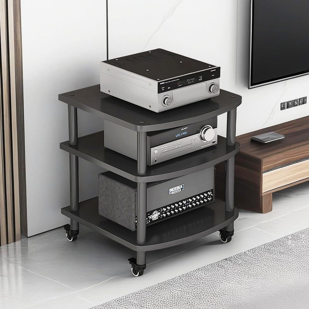 4-Tier AV Media Stand Audio Rack Tower Adjustable Height TV Game Console Equipment Shelf CD Record Player Stereo Component Rack Cabinet for Home Theater Studio,Black (with Wheels),3 Tier