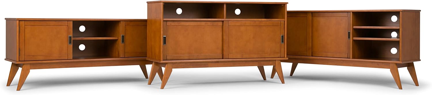 SIMPLIHOME Draper TV Stand - 60 inch Wide Solid Wood Media Console in Teak Brown, Mid Century Modern Entertainment Center for Living Room for TVs up to 65 Inches with Shelves and Cable Management