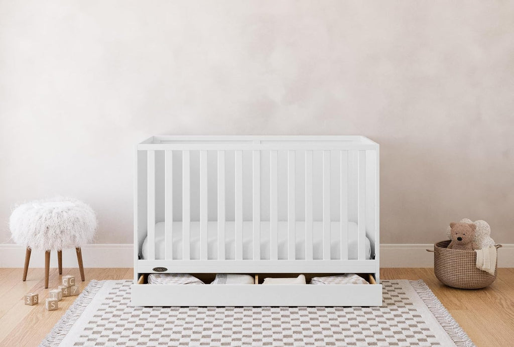 Graco Theo 3-in-1 Convertible Crib with Storage Drawer – GREENGUARD Gold Certified Baby Crib Crafted from Wood, Converts to Toddler Bed, Daybed, and Full-Size Bed (White)