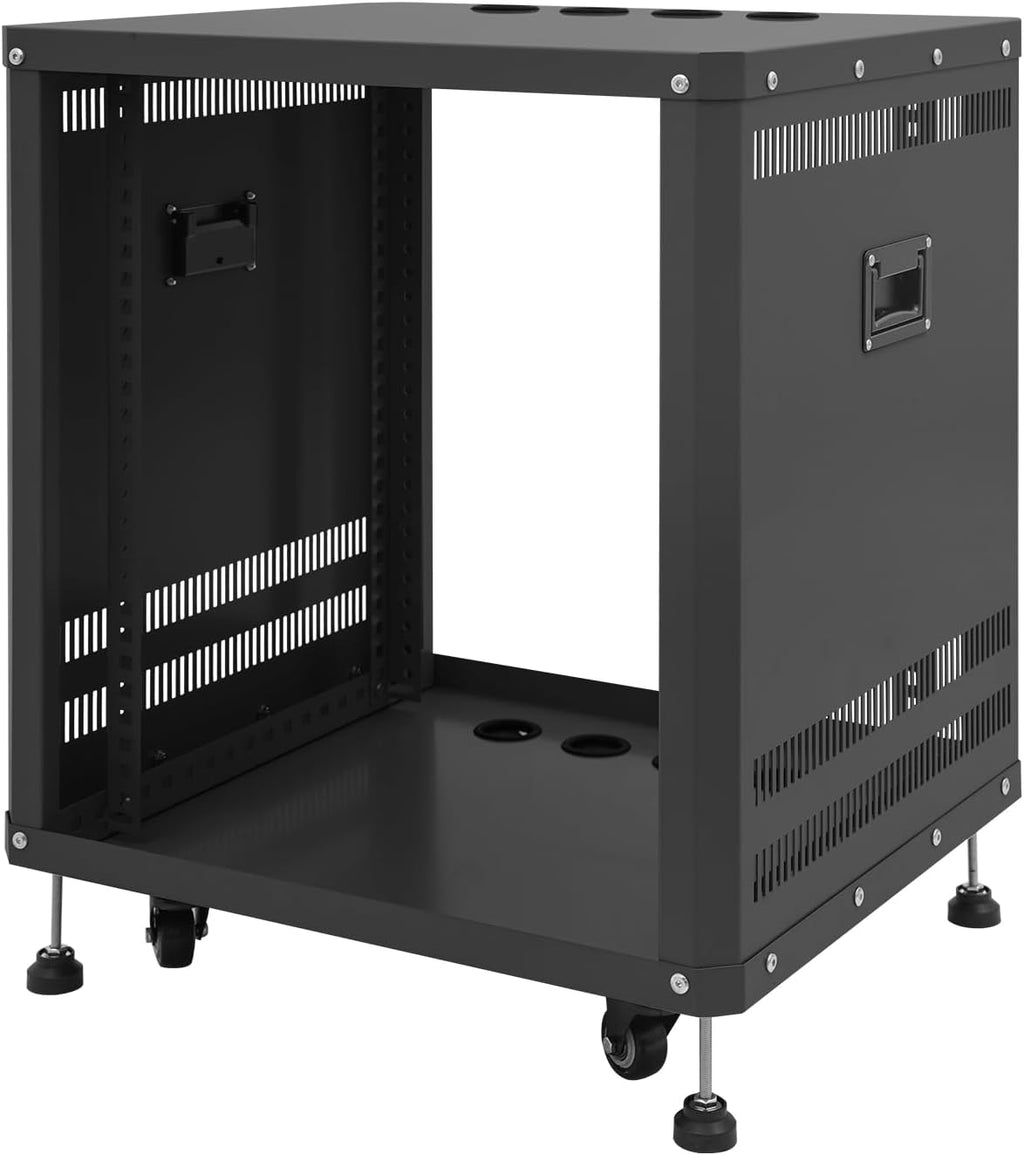 12U Server Rack with Wheels&Leveling Feet, Freestanding Rolling Open Frame IT Network Server Cabinet Rack Shelf for Audio Video Music Recording Computer AV Data & IT Equipment,Black