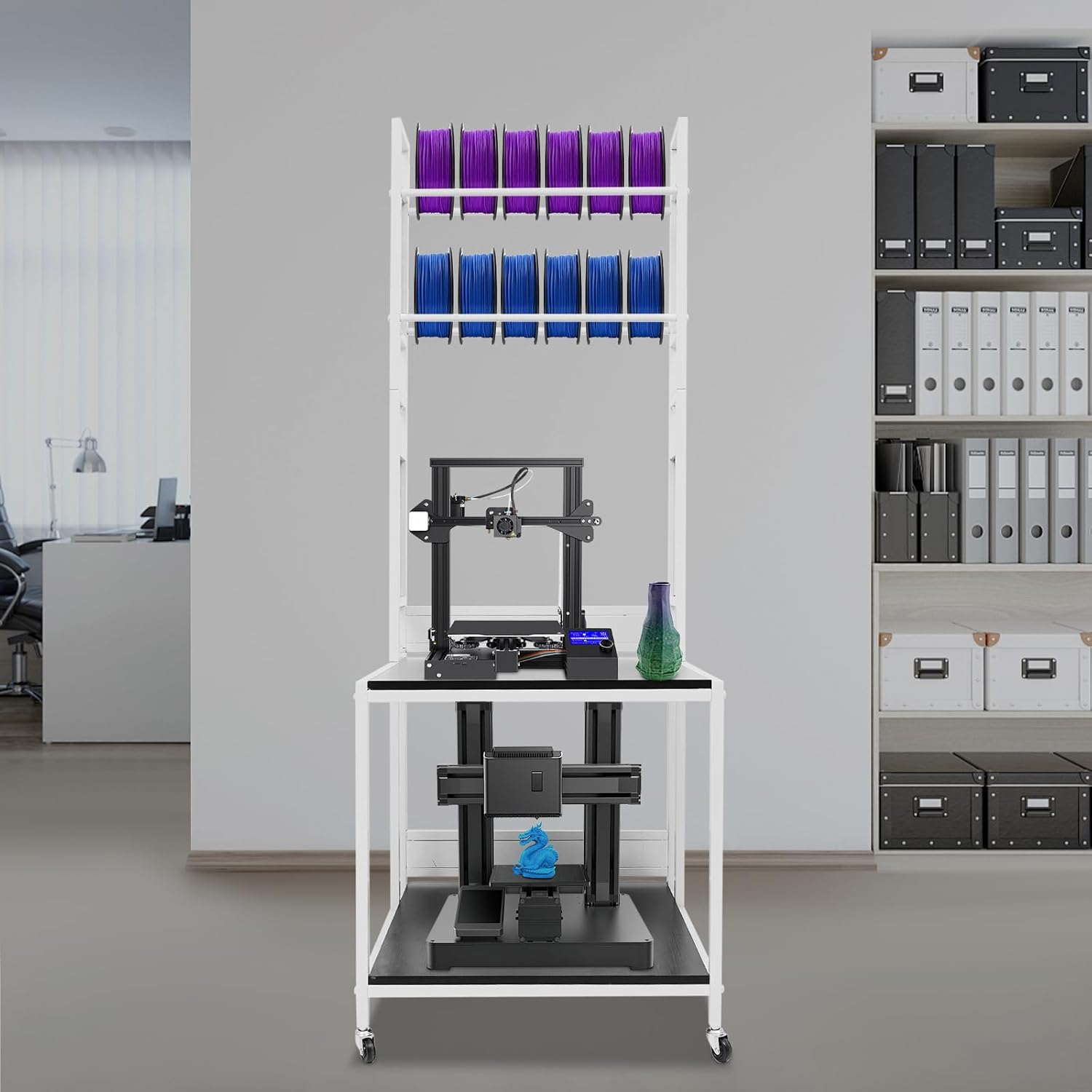 3D Printer Stand with Storage & Wheels, Heavy Duty Rolling Printer Cart 2-Tier Printer Table with Spool Rack, Locking Casters, 110 lbs Capacity (White)
