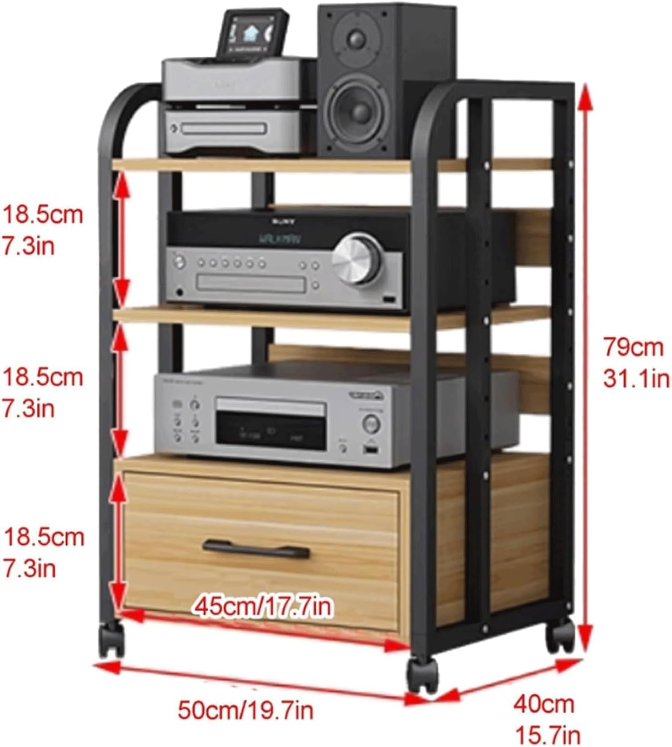 Audio Rack 2/3/4 Tier Stereo Rack Audio Equipment Rack Audio Open Rack Cabinet Wooden with Drawer AV Stand with Adjustable Shelves(Natural,79cm)