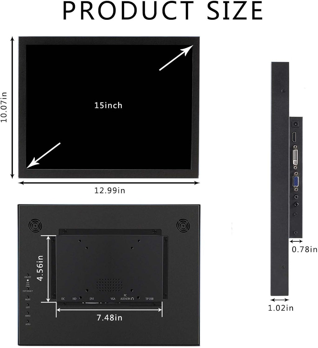 VSDISPLAY 15 Inch 1024x768 LCD Monitor 1000 Nits High Brightness IPS Screen with H/D DVI VGA as Outdoor Industrial Extra Display