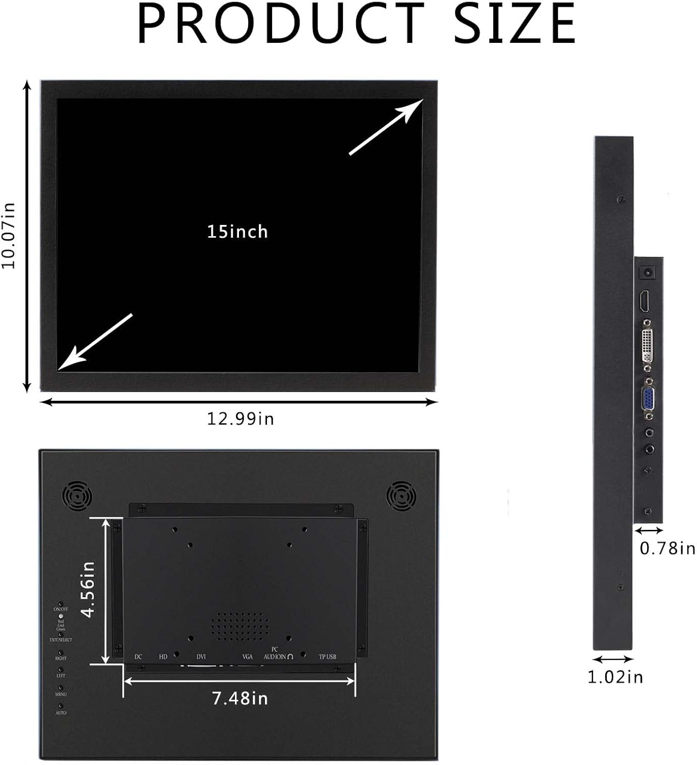 VSDISPLAY 15 Inch 1024x768 IPS LCD Monitor 4:3 Aspect Ratio Display with Metal Housing,Supports VGA/DVI Input,for Industrial/Gaming Extra Monitor